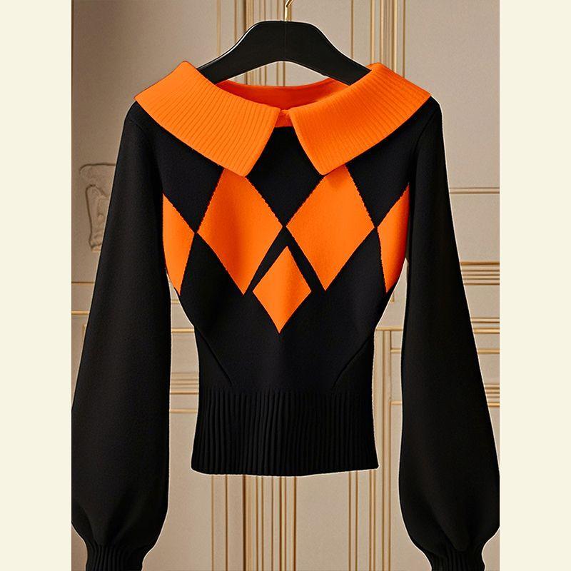 Autumn Korean Chic Tops Are Fashionable Unique Lazy Black Diamond Knitted Sweater