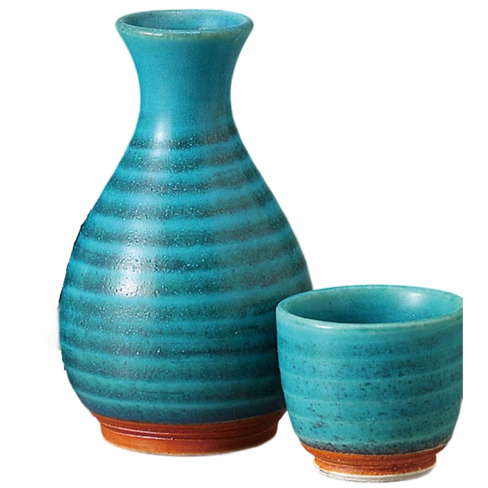 Sake Tokkuri and Ochoko x Turkish Blue 2 Tokkuri Sake Cup Set Mino Ware Ale-net Set, Set, 8.5cm H13.5cm, Approx. 340cc, No. Tokkuri, & (2 pieces),