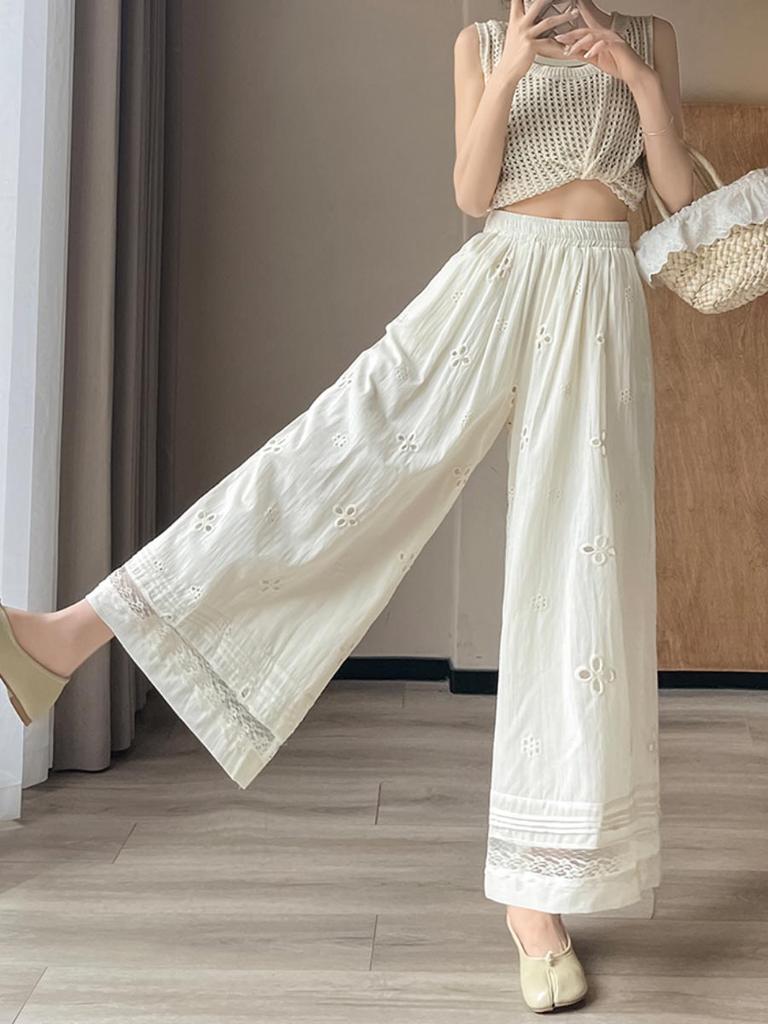 Women's Baggy Wide Leg Pants Lace Splicing High Waist Thin Elastic Waist Straight Trousers Vintage Style Casual Clothing Summer