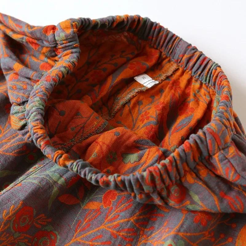 Retro Style Cotton Yarn-Dyed Leaf Printed Long-Sleeved Long Trousers Cardigan Women's Home Wear Two-Piece Pyjama Set