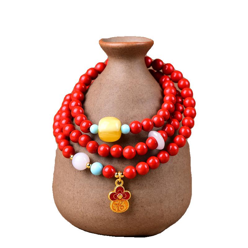 6mm Cinnabar and Amber Triple-Round Bracelet with Pendant