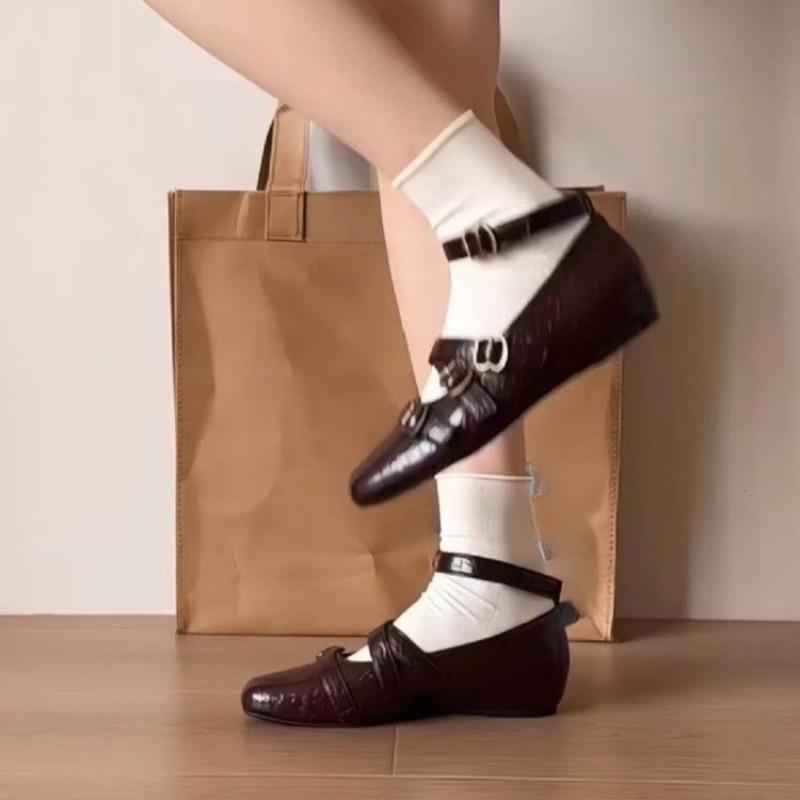 Fashion Fashion Square Toe Shallow Mouth Flats Women's Summer New Metal Belt Buckle Soft Slip Non-Slip Mary Jane Single Shoes