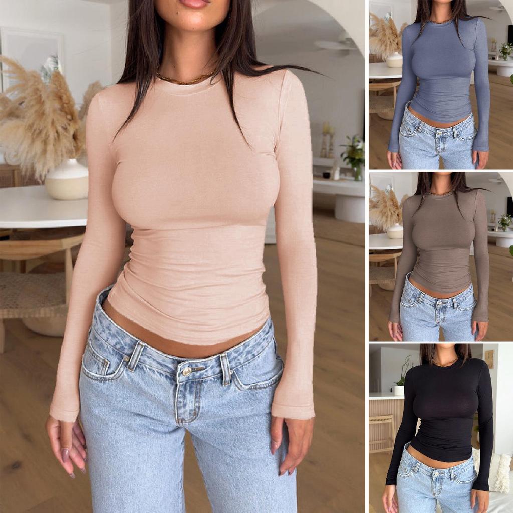 2024 Women's Y2K Slim-Fit Round Neck Solid Color Long Sleeve Top