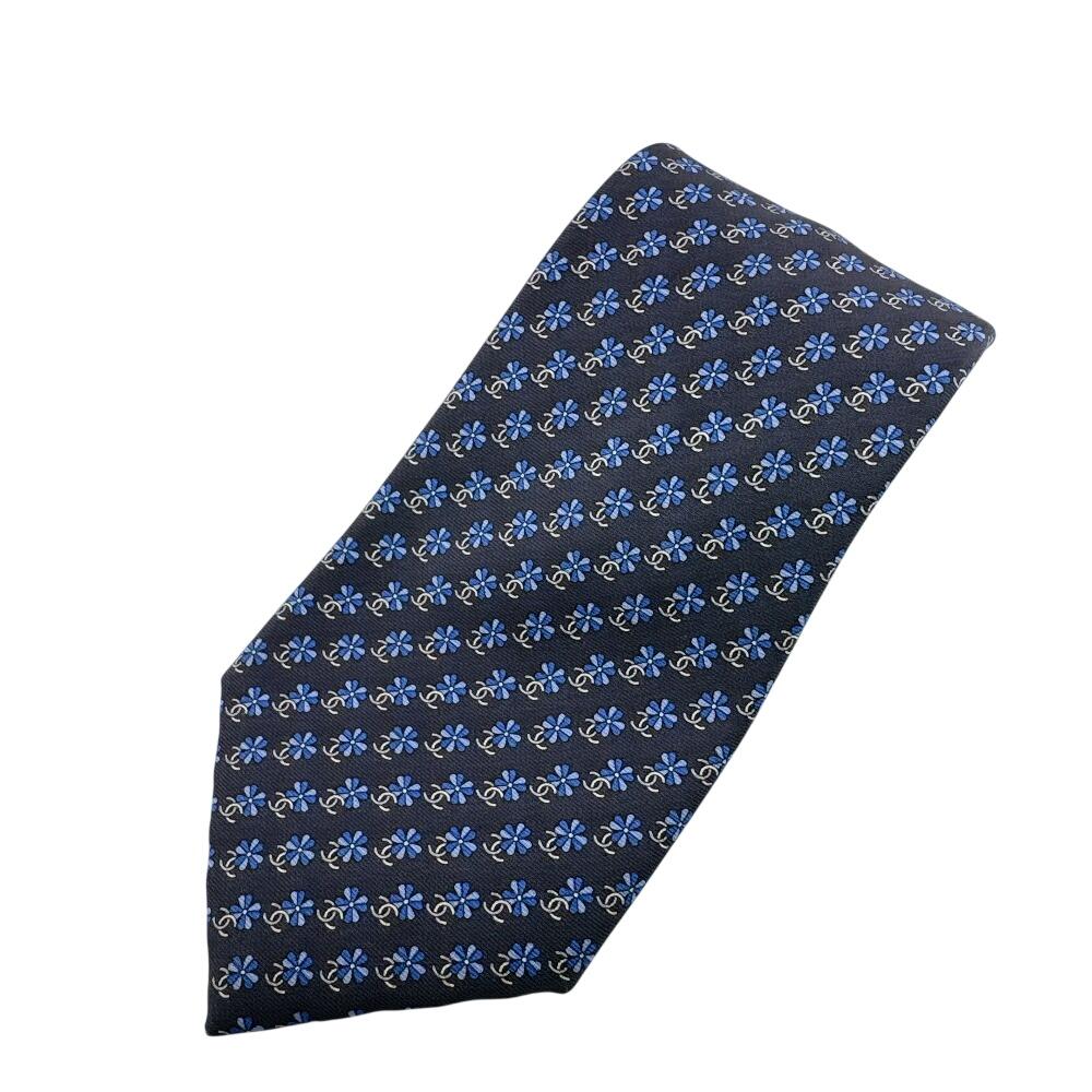 CHANEL COCO Mark Business Commuting flour silk tie Navy silk Used