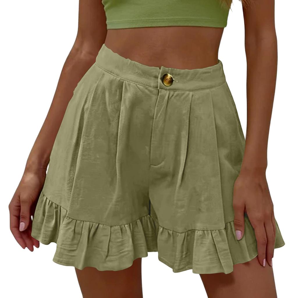 Women's Fashionable Loose-Fit Cotton-Linen Blend Casual Shorts With Pockets -Color Ruffled Wide-Leg Pants