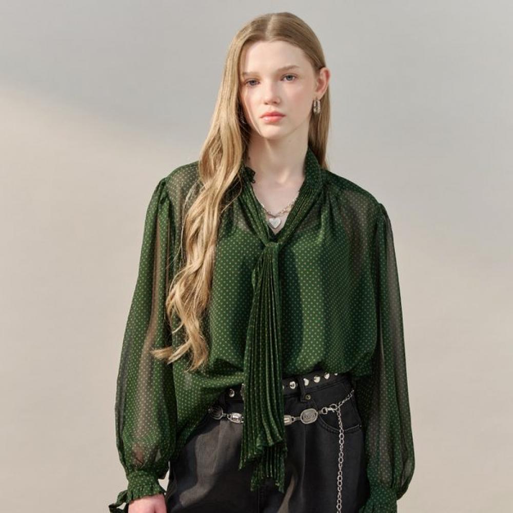Maxza Dot Pleats Tie Sheer Blouse Zf05qb006nh