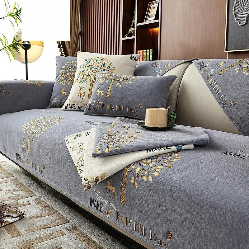 

Подушка для дивана с рисунком большого дерева и маленького оленя, универсальная противоскользящая наволочка для дивана Four Seasons в стиле минимализма с рисунком шенилла 70x70cm 1pcs