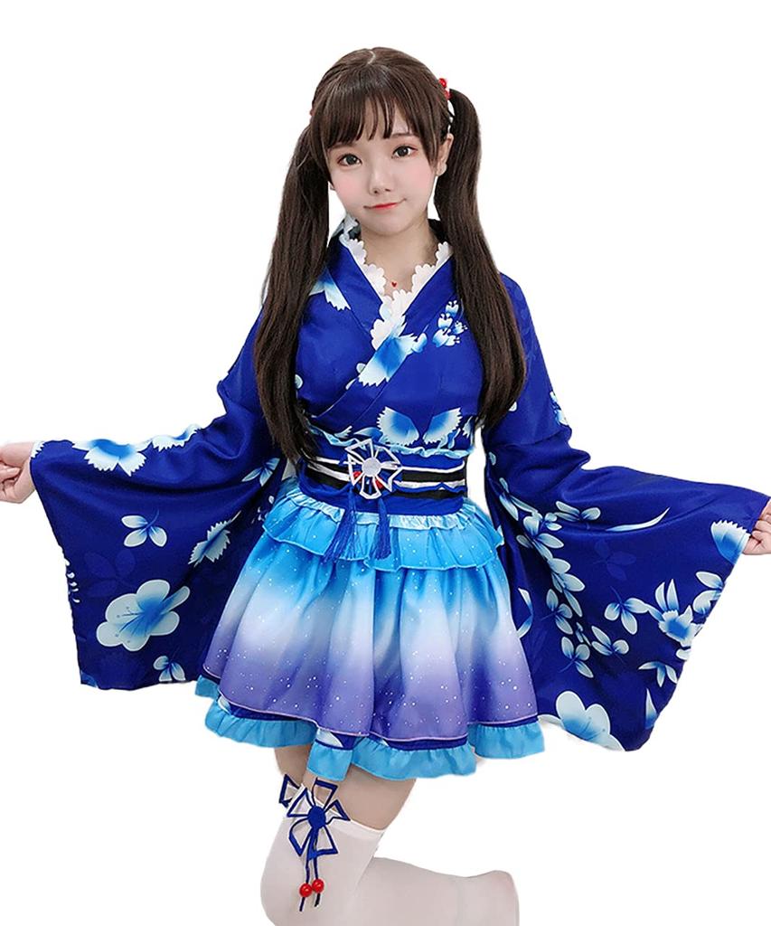 Milky Time Yukata, Japanese Style Miniskirt, Cute Cosplay Halloween Costume Set, Summer Festival, Oiran (Blue)