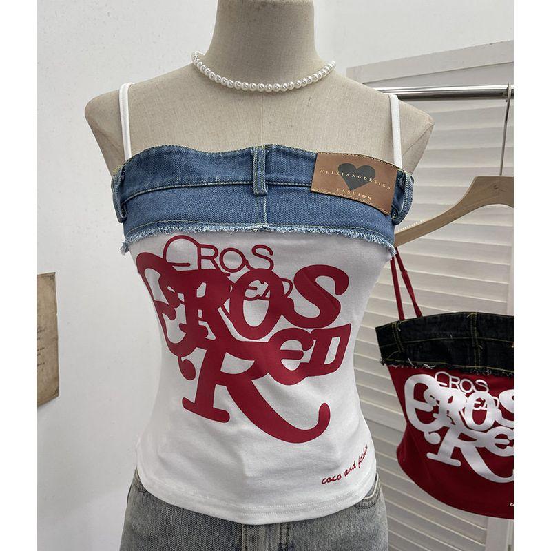 

Real Shot of Letter-Printed Patchwork Denim Camisole Slim-Fit Outerwear Hot Girl Style Color-Block Short Sleeveless Top 2309 White One Size Fits All