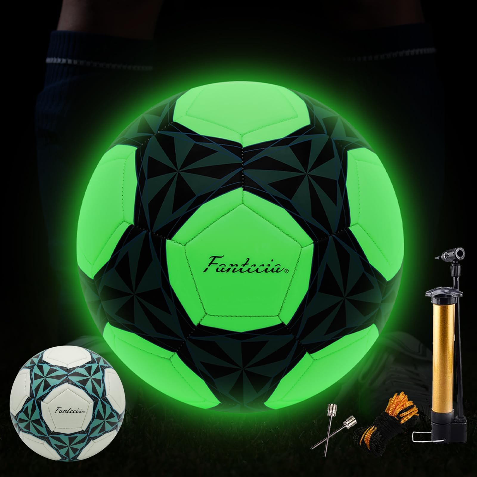 

Fantecia Football Size 5 with Leather Training Game Ball for Teens and Kids Glow-in-the-Dark Pump, зелёный