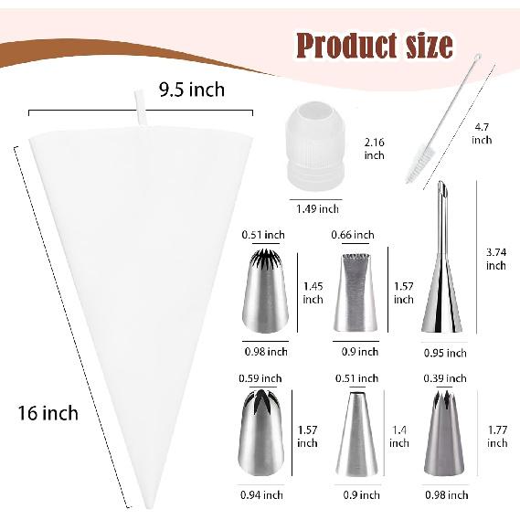 9-Piece Reusable Piping Bags and Tips Set-16inch Cotton Baking Kit with Coupler, Stainless Steel Nozzles & Cleaner for Cakes/Cupcakes/Cookies
