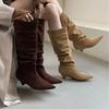 2025 Winter New Round Head Low Slope Heel Suede But Knee Knight Stacking Boots Versatile Fashion Riding Boots