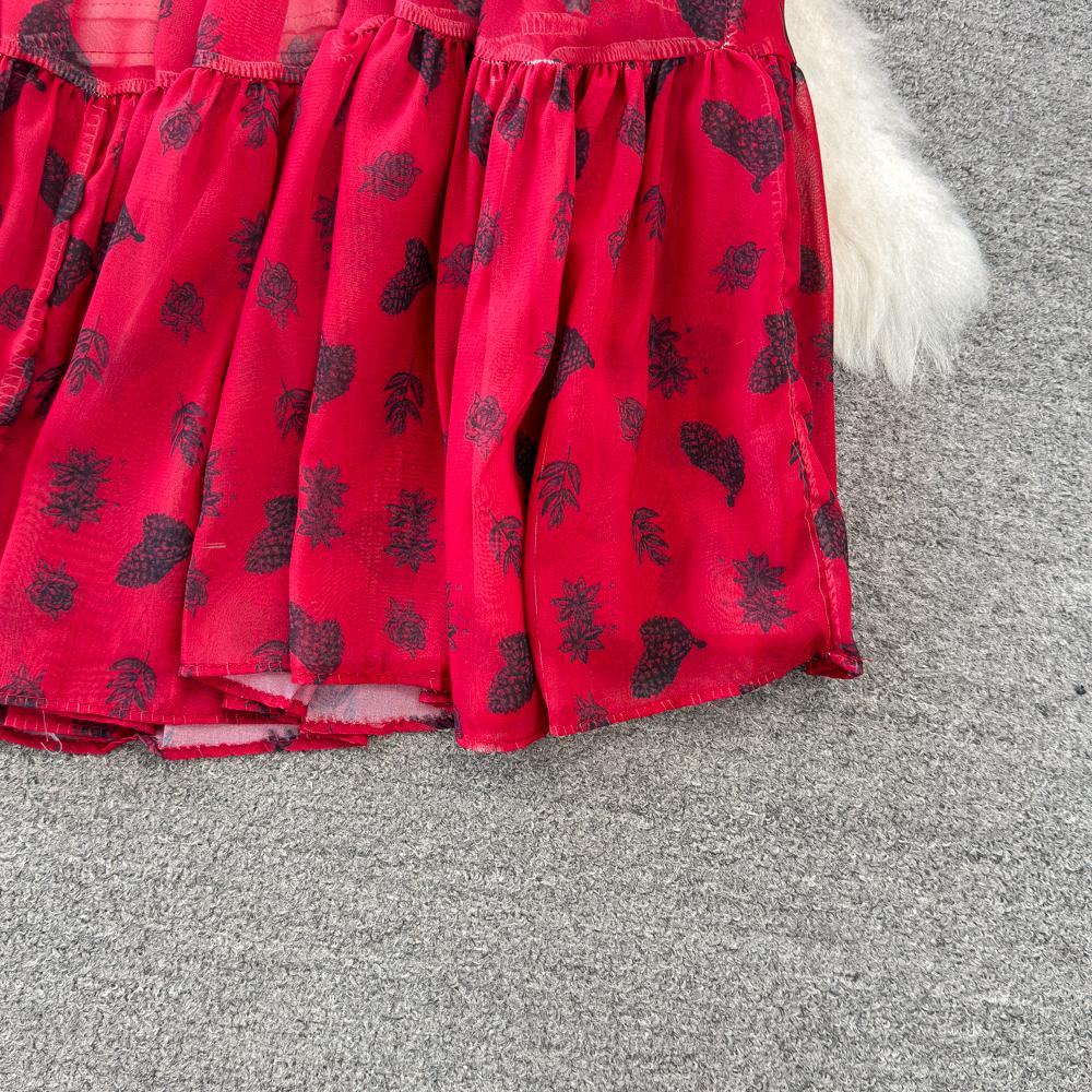 Fashion Dress for Women V Neck A-line Flounced Edge Printing Chiffon Vestidos Lace-up Folds Lining Dresses Summer