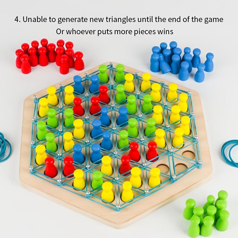 Wooden Hexagonal Strategy Game Triangular Chess,Educational Brain Teaser Puzzle,with Colorful Pegs and Rubber Bands,for Ages 3-6,Attention Enhancement