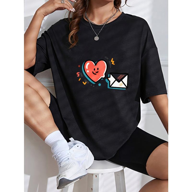 White T Shirt With Heart And Envelope Print For Casual Wear