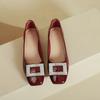 French square head high heels women's thick heel 2025 new spring and autumn women's shoes burgundy comfortable low heel light mouth single shoes
