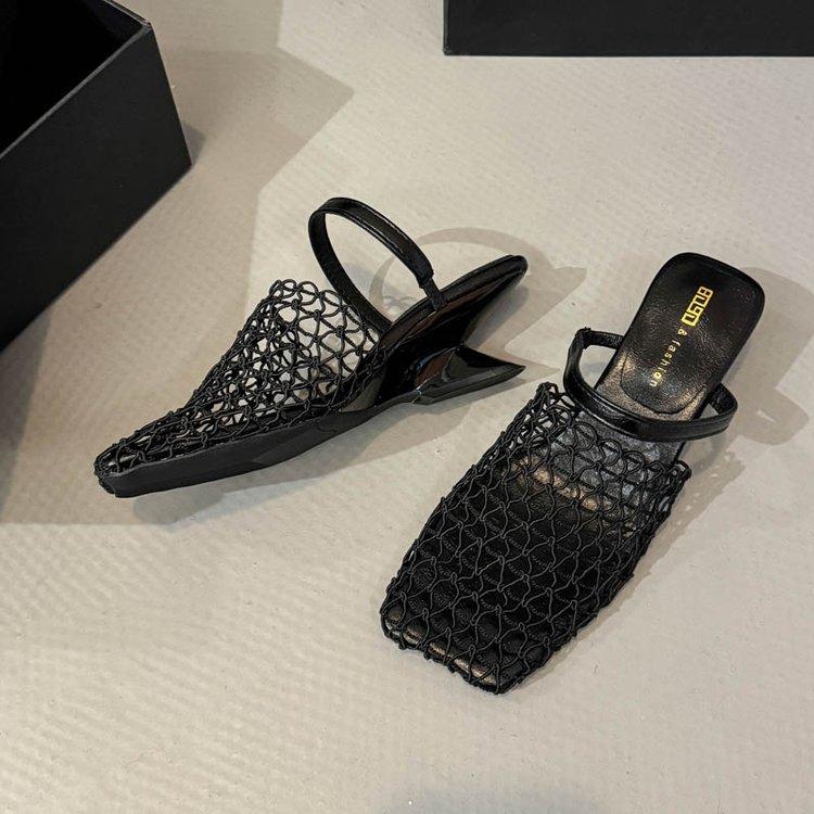 

Summer new favorite! Niche design fishing net half slippers woven mesh hollow special-shaped and high-heeled outer slippers women 35 чёрный