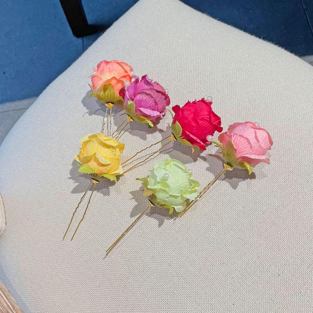

Pink Hair Accessories Red Headdress Antique Rose Flower Hairpins