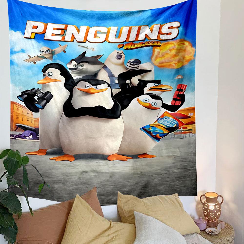 Penguins of Madagascar Tapestry Wall Hanging, Animated Movie Poster Art, Family Wall Decor for Bedroom Living Room Dorm