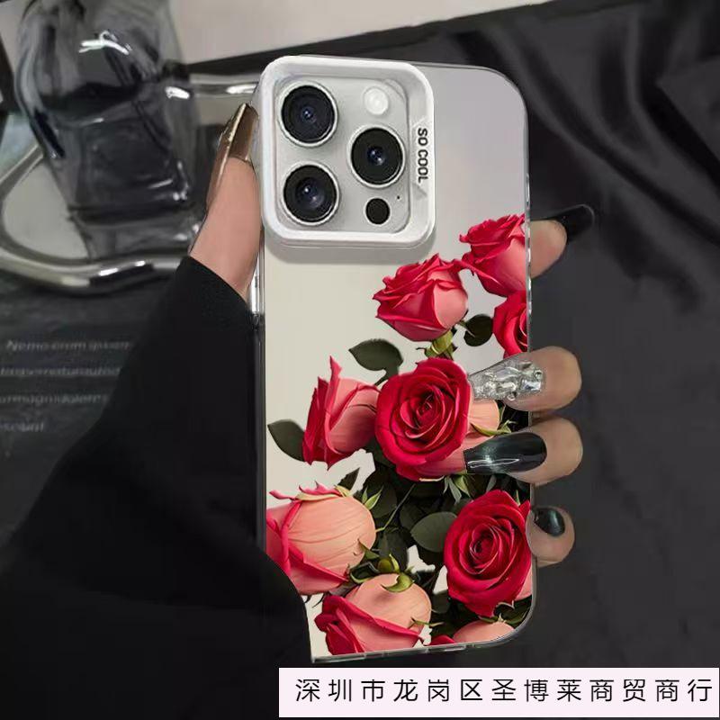 Big red rose Apple 16promax mobile phone case is suitable for iPhone15/14/13 ultra-thin colored silver 12xr16.