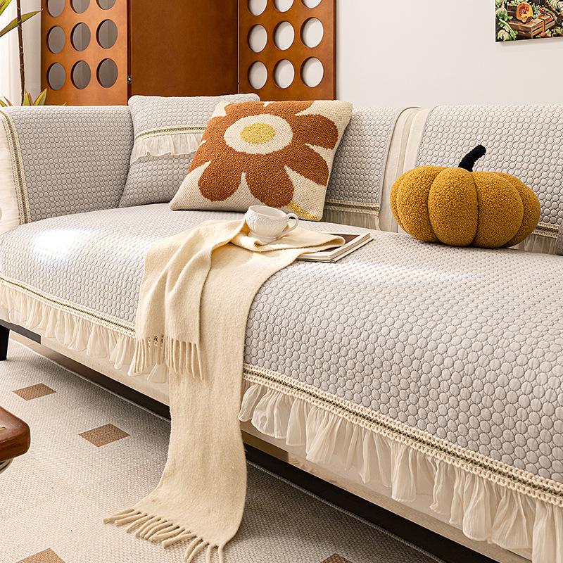 White Sofa Cushion  New Four-Season Universal Non-Slip Fabric Korean Summer Cream Wind Seat Cushion Cover Cover Cloth