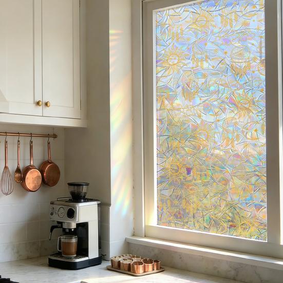 Window Privacy Film, Stained Glass Pattern Decorative Window Sticker, Rainbow Static Cling, Sun Blocking Reusable Decals for Glass Doors, Bedroom