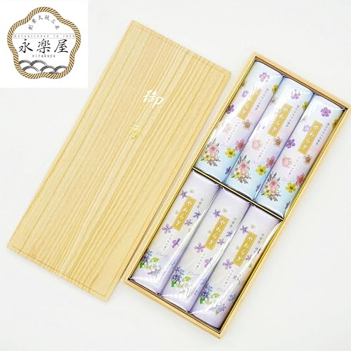 New Yawaragi Floral/Violet Scent Incense Set, featuring both low-smoke and high-smoke incense sticks, in a paulownia wood box with a gift tag and nosh