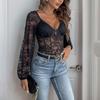 Women's Fashion Casual Solid Color Print Spring Autumn Long Sleeve V-Neck Bodysuits