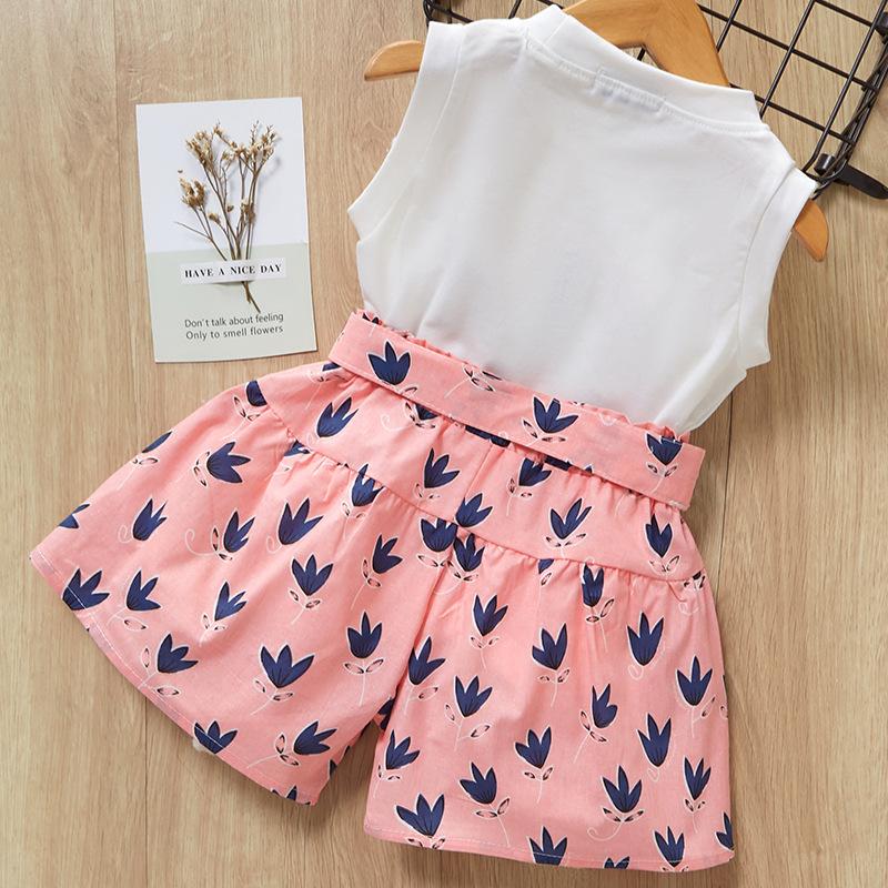 Korean Version of Summer Girls' Bow Sleeveless Cotton T-shirt + Printed Shorts Two-piece Suit Best-selling Style