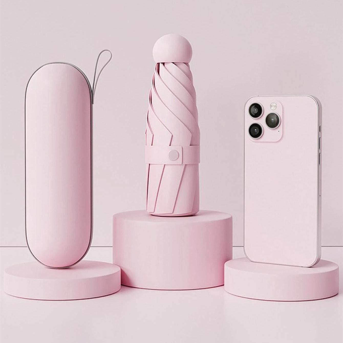 

1 шт. Мини-зонт с защитой от УФ-излучения для солнечных и дождливых дней, портативный с УФ-покрытием и 6 усиленными спицами розовый