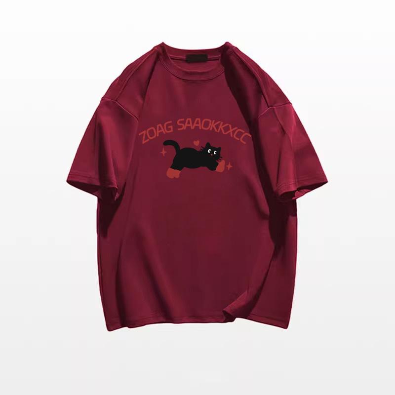 Women's Plus Size Retro Cartoon Kitten Cotton T-Shirt, Summer 2025 Collection, Short Sleeve, Off-Shoulder, Loose Fit.