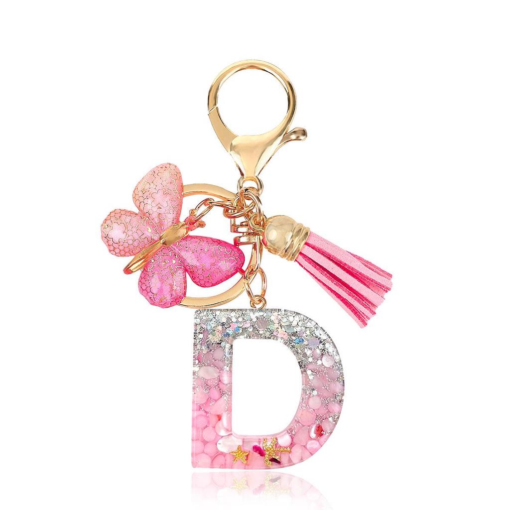 Pink Epoxy Letter Keychain with Sequin Butterfly & Tassel Charm