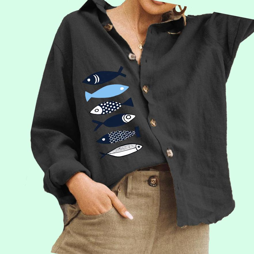 Women Fashion Button Down Shirt Casual Cotton Linen Top Ladies Fish Print Blouse