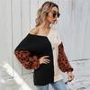Temperament Commuter Splicing V-Neck Knitted Sweater Women's Loose Medium Thin Leopard Print Pullover Long Sleeve Single Top