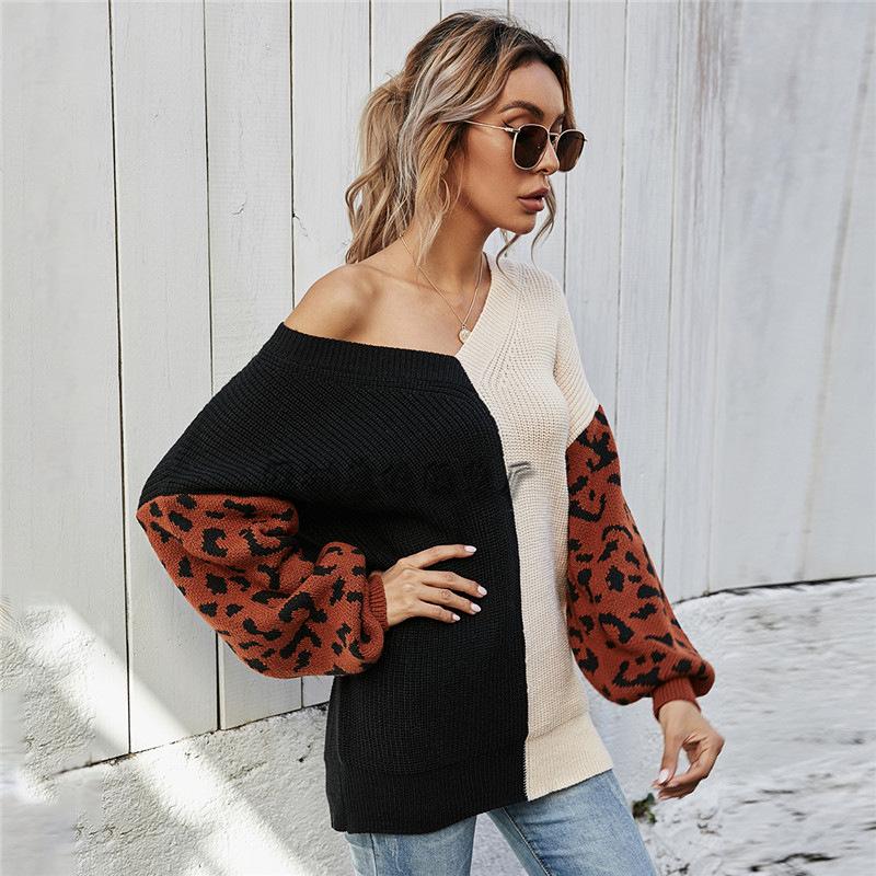 Temperament Commuter Splicing V-Neck Knitted Sweater Women's Loose Medium Thin Leopard Print Pullover Long Sleeve Single Top