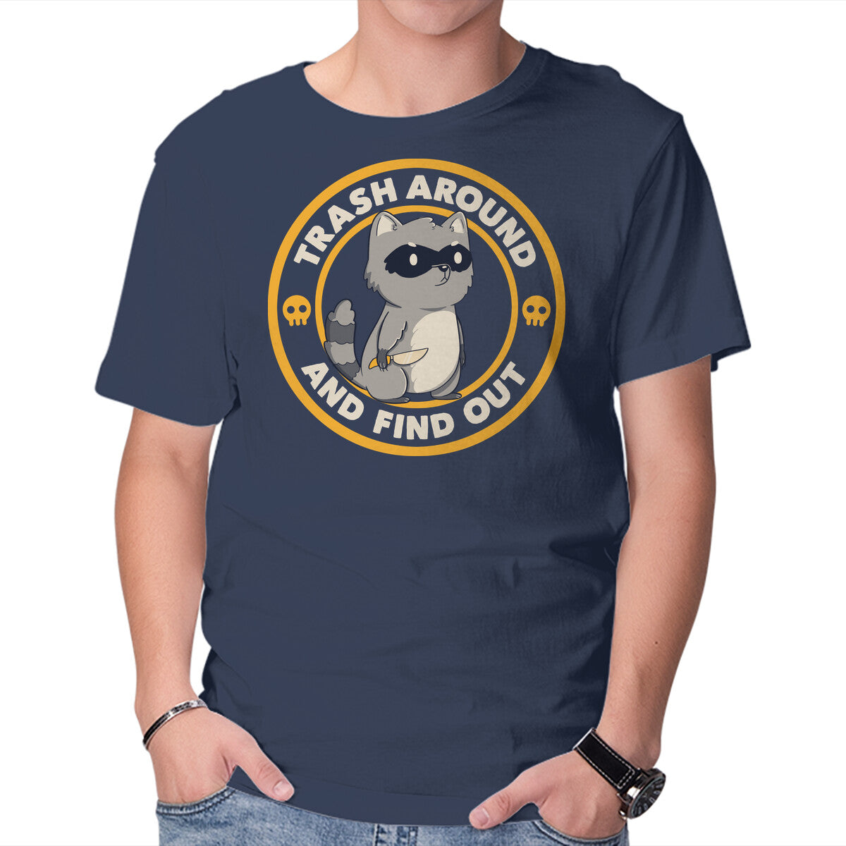 Unisex Crew Neck T-Shirt Trash Around Raccoon Graphic Short Sleeve Casual Tee M