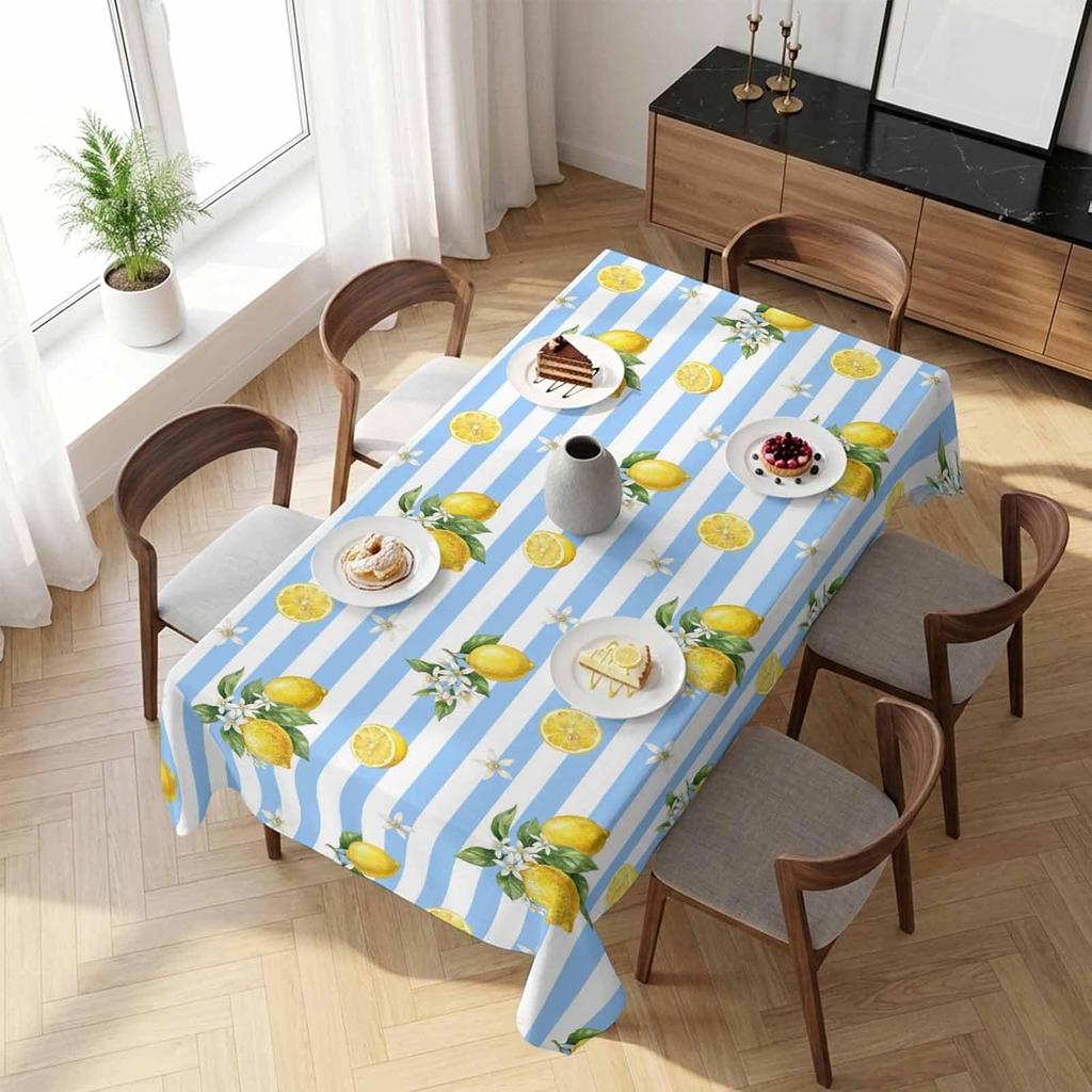 Summer Lemon Blue Striped Rectangle Tablecloth for Table Decor Washable Farmhouse Floral Kitchen Dining Table Cloth Party Decor