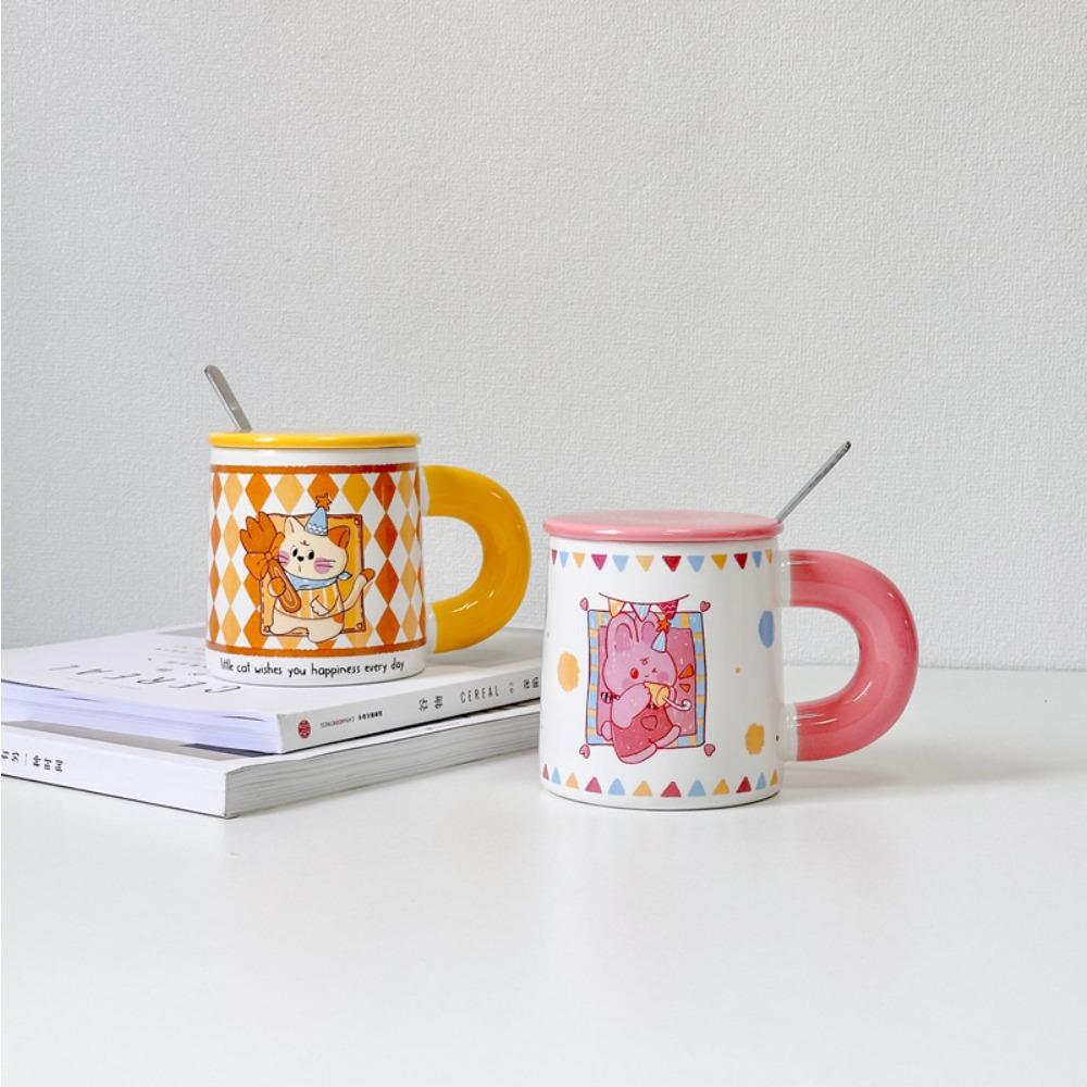 Cartoon-Becher mit Deckel Keramik Haushalts-Trinkbecher Büro Milchbecher Kaffeetasse Weißporzellan kreativ