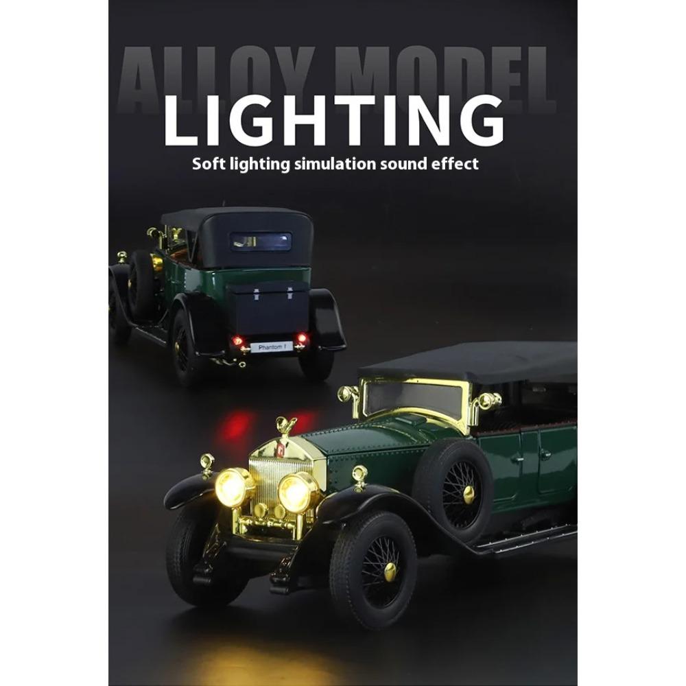 1/24 Rolls-Royce Retro Phantom Oldtimer Modell, Simulierter Sound und Licht, Vierrad-Stoßdämpfung, Vorderradlenkung
