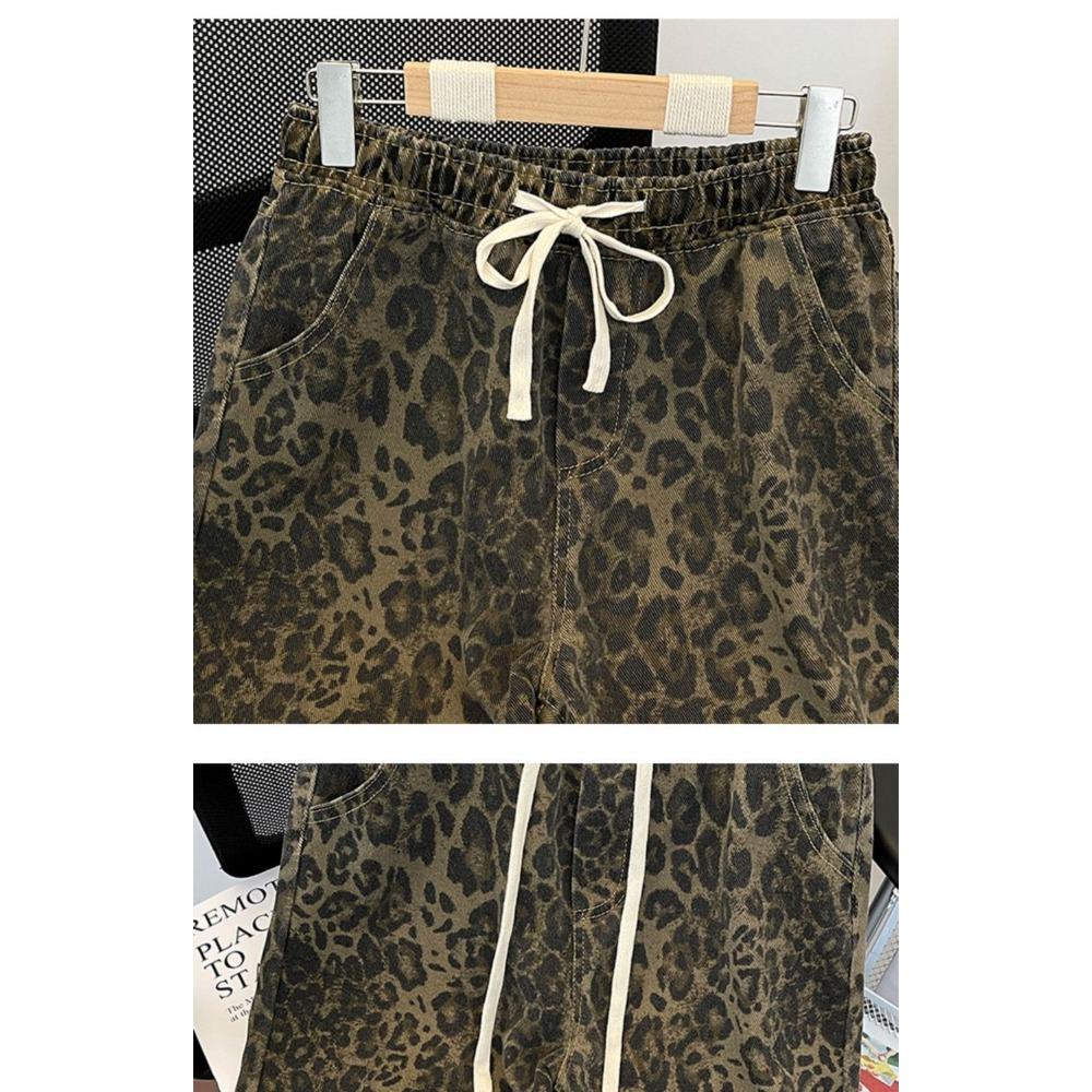 American Retro Leopard Print Denim Shorts Men's High Street Niche Loose Design Five-point Mid-pants