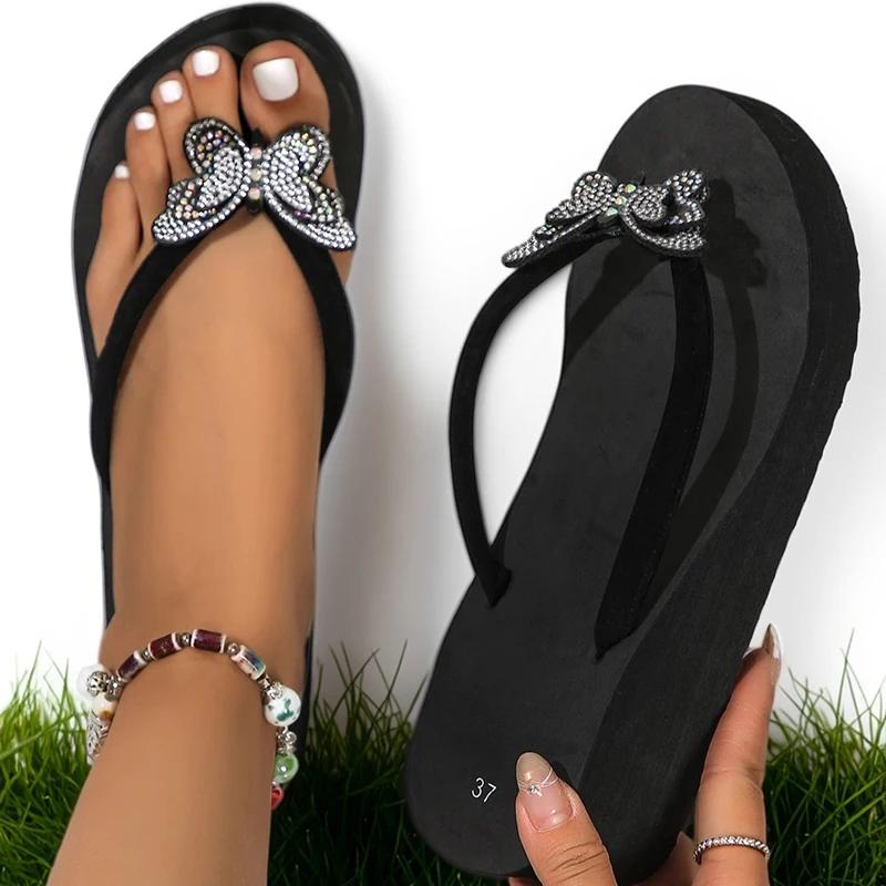 Fashion Fashion Crystal Butterfly Flip Flops Women 2025 Summer Wedges Clip Toe Beach Sandals Woman Lightweight Thick Bottom Slippers 42