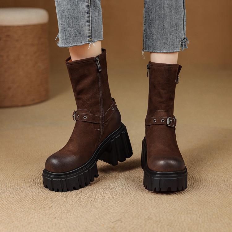 Frostet skinn retro polerte tykksålede Martin-støvletter for kvinner 2025 høst og vinter nye Maillard vanntette bord tykkhælede korte støvletter for w