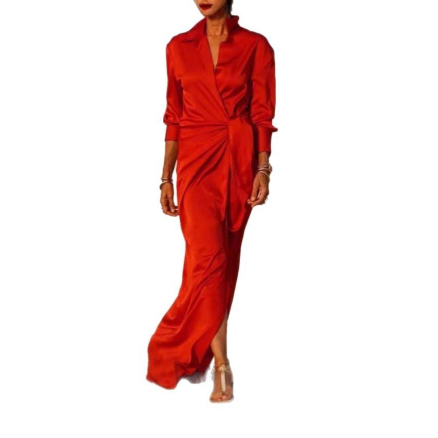 Autumn Women's Tie High Waist Split Drag Floor Long Sleeve Lapel Sexy Dresses