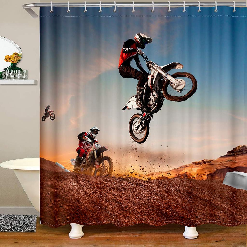 Dirt Bike Shower Curtain Boys Bathroom Bathtubs Motocross Rider Extreme Sports Bath Mountain Curtains Polyester Perfect For