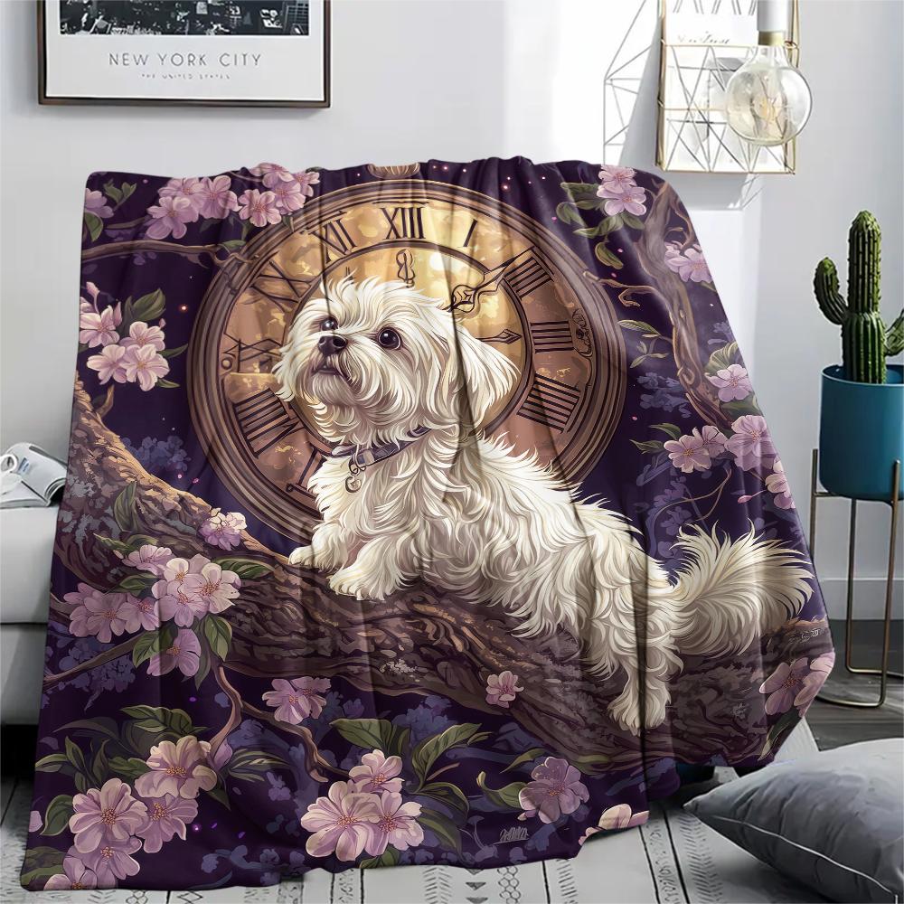Maltese dog and flowers,pattern Flannel Blanket, High quality Comfortable for All Seasons, Home Decor, Warmth and Comfort, Perfect for Gifts.