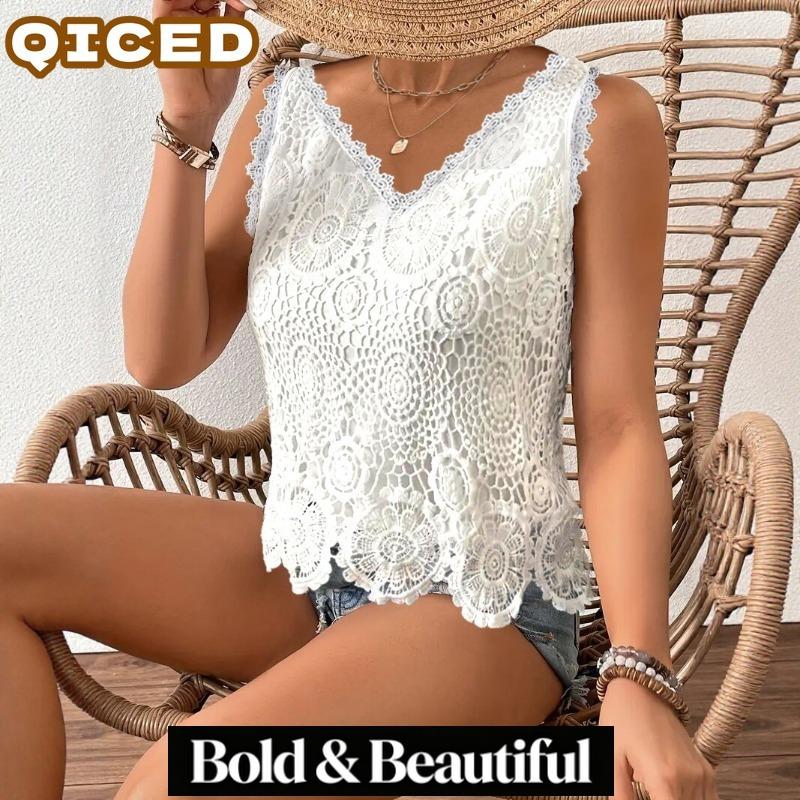 QICED Camicette e camicie senza maniche con scollo a V, stampa tinta unita casual alla moda da donna