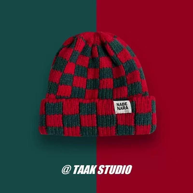 New autumn and winter knitted hats, women's ear protectors, warm contrasting color checkerboard, small versatile wool hats, couple cold hats