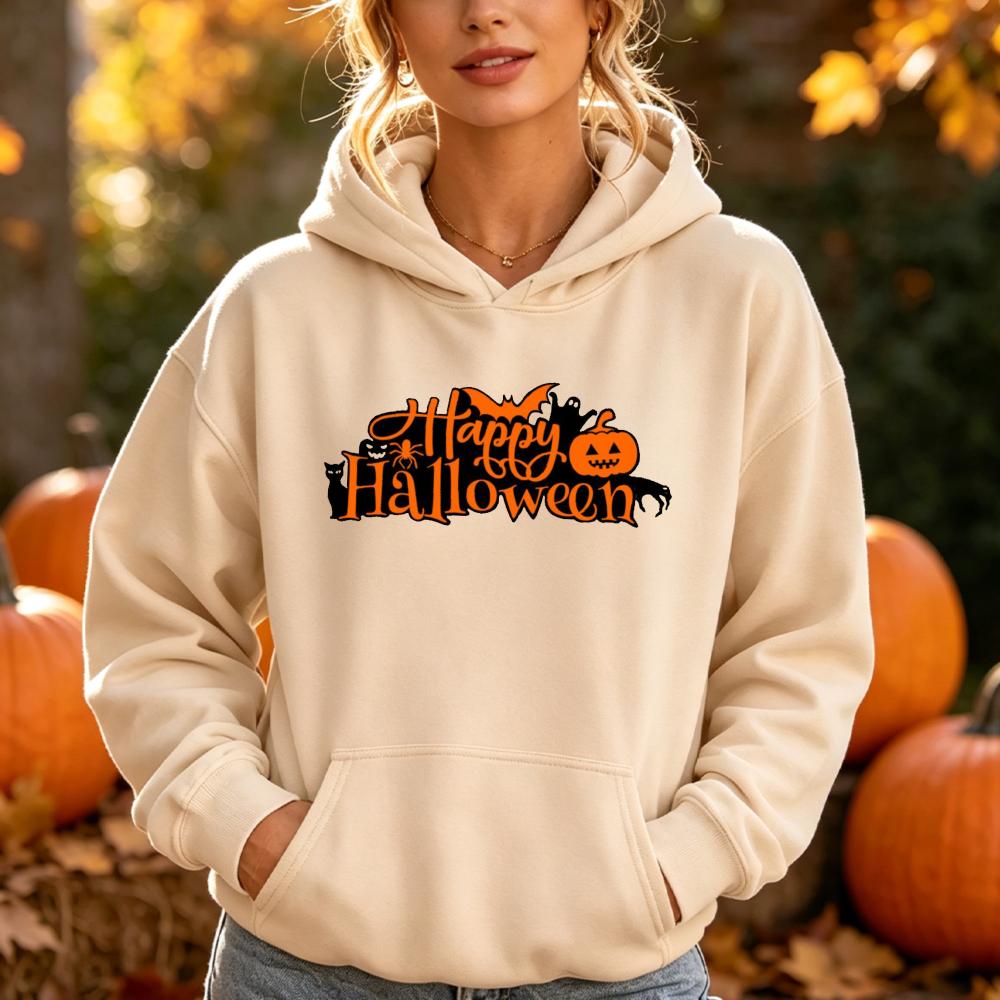 Felice Halloween Felpa con Stampa di Lettere Donna Felpa con Grafica di Zucca e Pipistrello Stagione Spettrale Manica Lunga Tasca Felpa con Cappuccio Top Casual