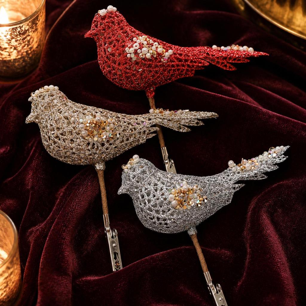 Glitter Bird Branch Inserts: Christmas Tree Ornaments & Scene Decorations