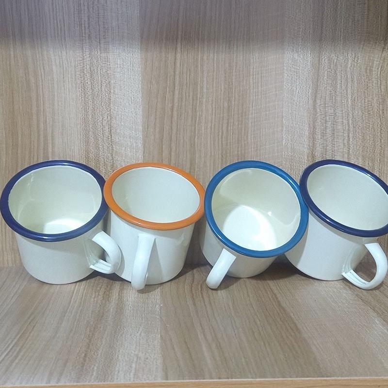 Vintage Enamel Coffee Mug Set with Lids and Rope Handles